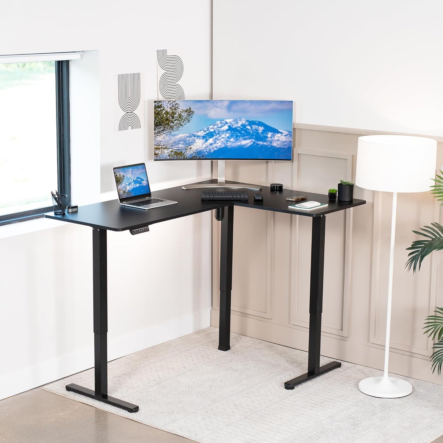 VIVO Electric Corner L-Shaped 63 x 47 in Standing Desk, Memory Height Adjustment, Black Top Black Frame, DESK-E3CTB-47