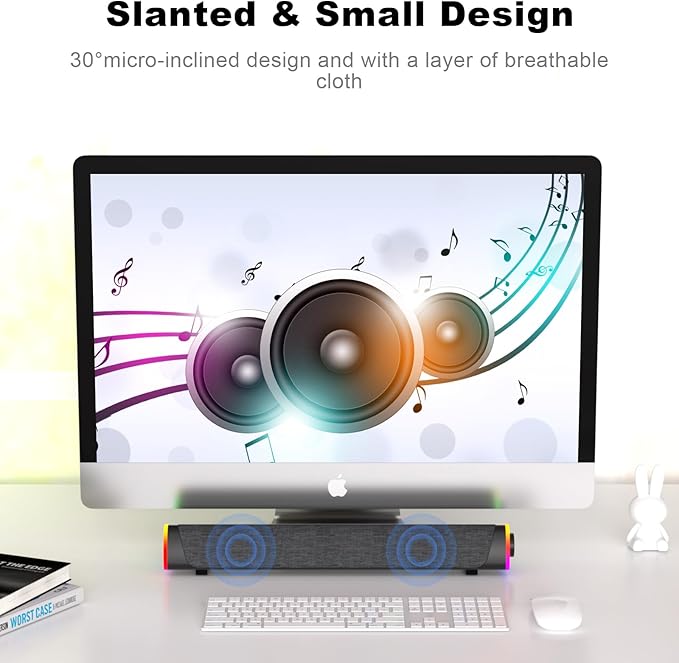 SOULION R30 Plus Bluetooth Computer Speakers for PC Desktop, All-in-one Control Button with 6 Modes LED Lights, Wired USB Powered Sound Bar, Surround Sound Portable SoundBar for Monitor Laptop Phone