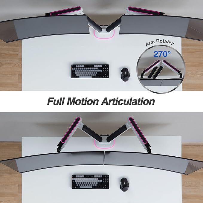 AVLT Dual 27”-43” RGB Gaming Monitor Arm Desk Mount Built-in 20 Lighting Modes Touch Button Control Fits Flat/Curved/Ultrawide Screen Height Swivel Tilt Rotation Adjustable Stand -White