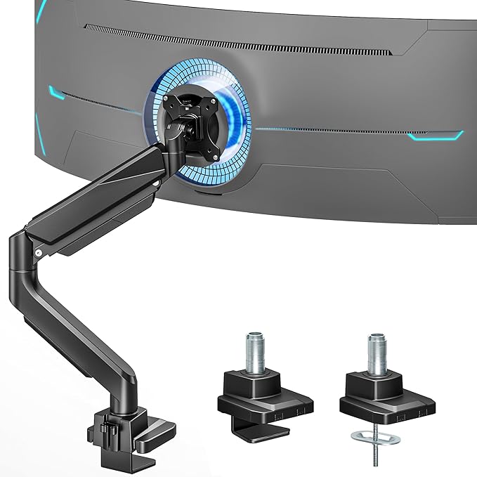 ARES WING Ultrawide Single Monitor Arm, Heavy Duty Monitor Mount for 13"-45" Curved Screens, Adjustable Stand for Desk with C-clamp & Grommet Base up to 40 LBS, Black