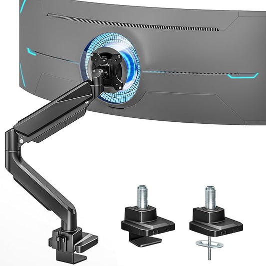 ARES WING Ultrawide Single Monitor Arm, Heavy Duty Monitor Mount for 13"-45" Curved Screens, Adjustable Stand for Desk with C-clamp & Grommet Base up to 40 LBS, Black