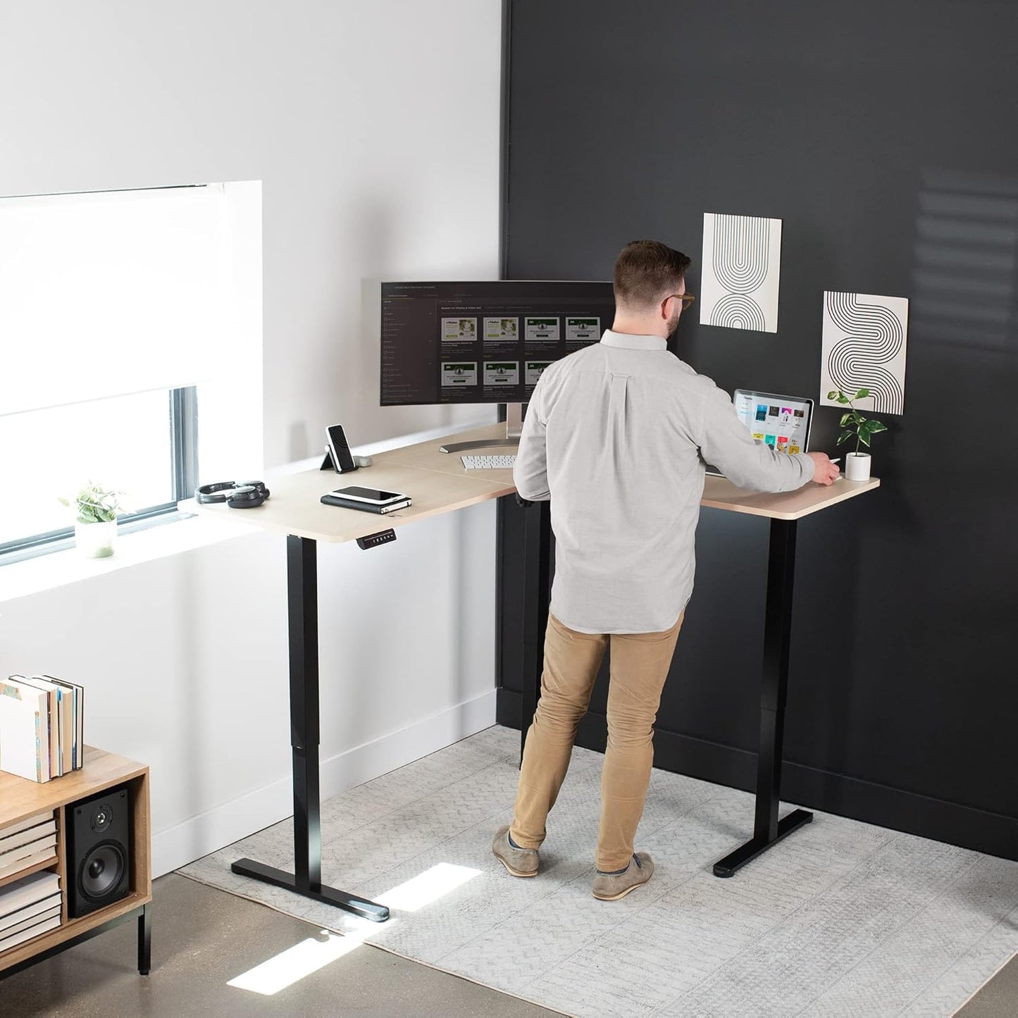 VIVO Electric Corner L-Shaped 63 x 55 in Standing Desk, Memory Height Adjustment, Light Wood Top Black Frame, DESK-E3CTBC