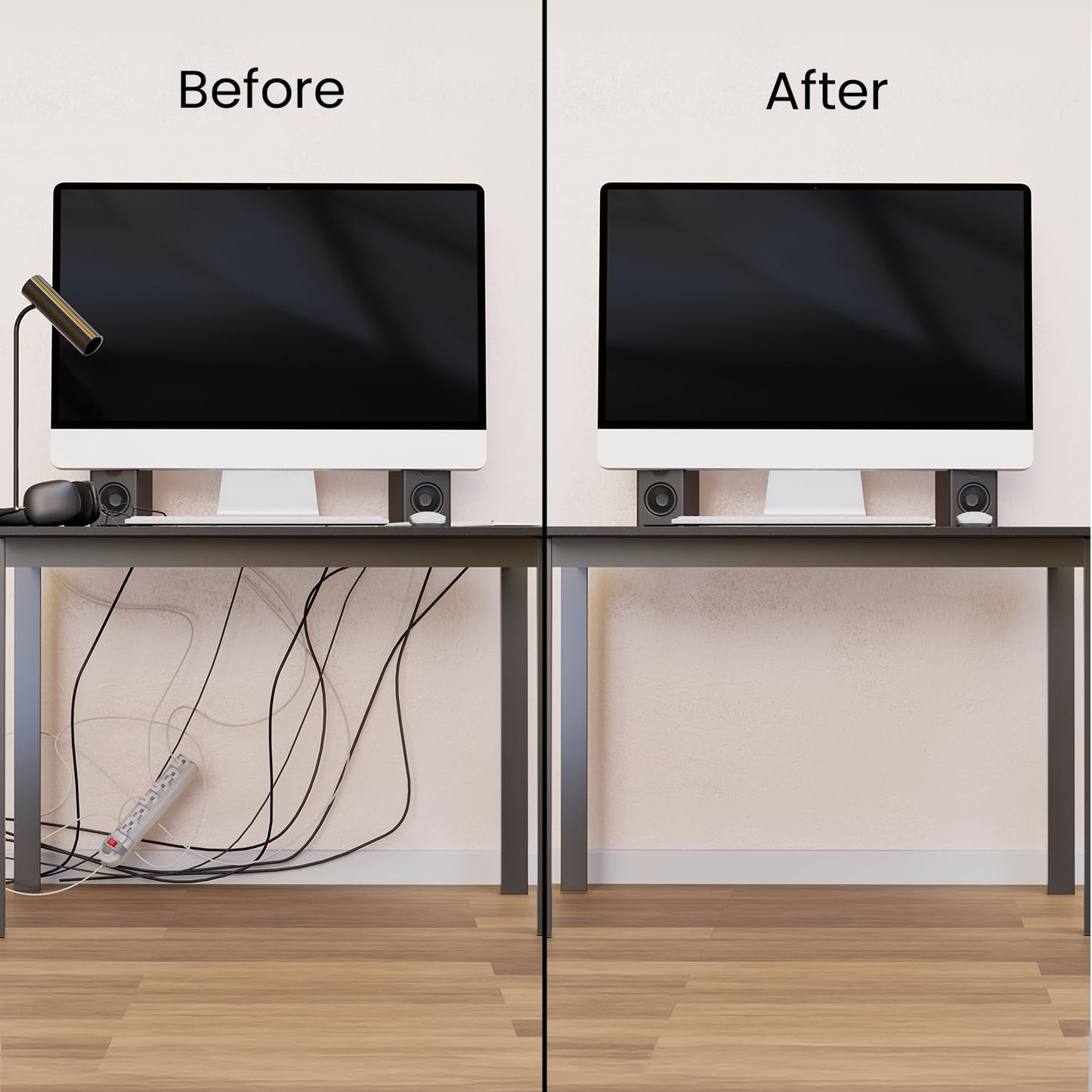 EVEO Cable Management Under Desk Kit (6 Units) - Under Desk Cable Management Cord Hider, Cable Hider Cord Management, Cable Organizer, Cord Organizer Tray | Self-Adhesive 96'' J Channel 6X16 - Black