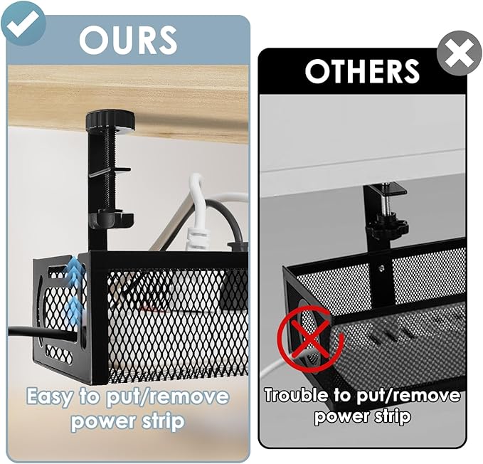 Under Desk Cable Management Tray, Cable Management Under Desk No Drill, Wire Management Tray with Clamp, Cord Organizer for Home Office, Black