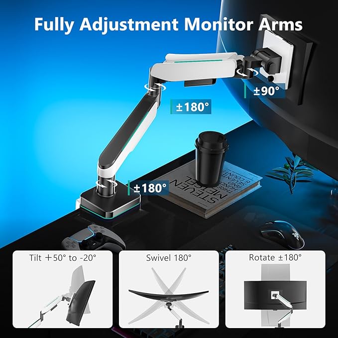 WALI Heavy Duty Monitor Arm, Monitor Stand for Screen up to 49 inch, 44 lbs, Aluminum Ultrawide Computer Mount for Samsung Odyssey G9, Adjustable, Mounting Holes 75 and 100 (GAM001XL), White