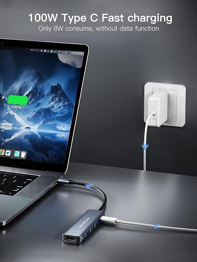 USB C HUB, DockteckExpand USB-C Multiport Adapter 5 in 1 with 4K HDMI, 100W Power Delivery, 3 USB 3.0 Data Ports for MacBook Pro/Air, iPad Pro/Air/Mini 6 and More