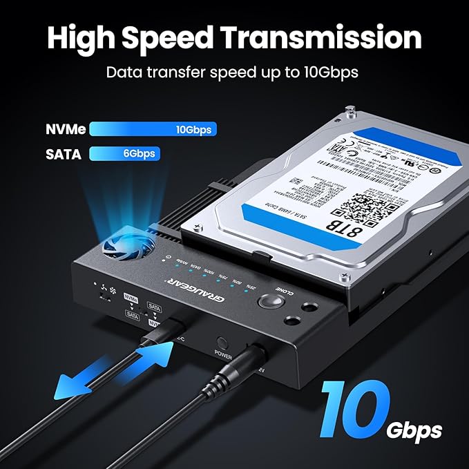 GRAUGEAR M.2 NVMe & SATA SSD/HDD Docking Station, USB-C 10Gbps Clone Station for M.2 PCIe NVMe + SATA 2.5”/3.5” SSD & HDD Converter, Offline Cloning, Tool-Free, Built-in Cooling Fan