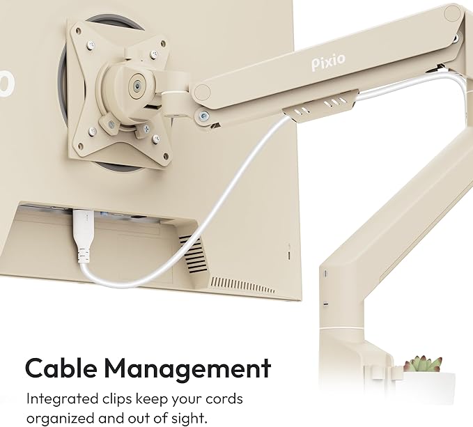 Pixio PS1S Wave Beige Single Monitor Arm Stand Desk Mount - Fits up to 32 inches Monitors and up to 19.8lbs. VESA Compatibility and Integrated Cable Management