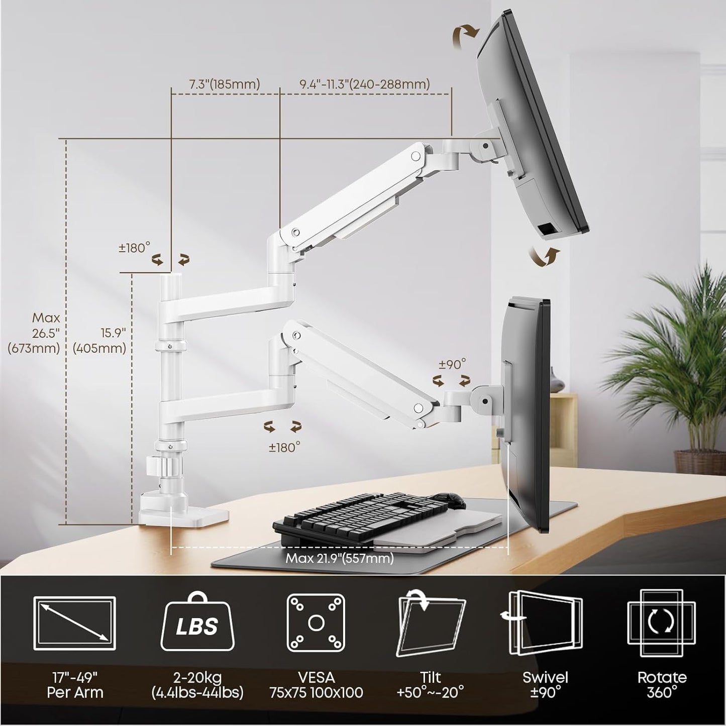 PUTORSEN 17-49”Premium Aluminum Heavy Duty Dual Monitor Arm for Ultrawide Screens up to 44lbs, Vertical Stacked Dual Monitor Desk Mount, Full Motion Dual Vertical Monitor Mount, VESA 75/100, White
