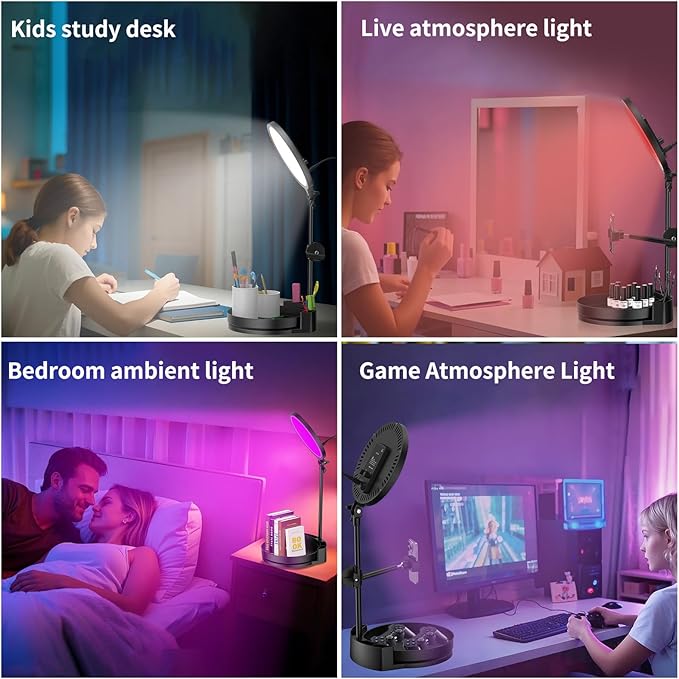 Desk Ring Light with Stand,55W Dimmable Full Screen Ring Light,with Rotating Storage Box,Pen Holder Stand,Phone Holder&Controller (Pink-RGB, 10.5)