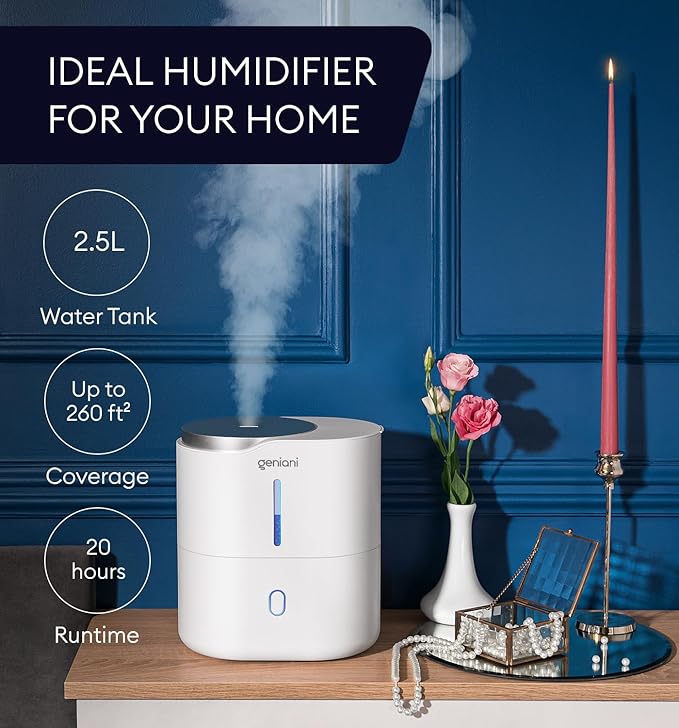 Top Fill Humidifier with Essential Oil Diffuser 2.5L for Home, Baby, Bedroom, Large Room & Indoor Plants, Small Cool Mist Air Humidifiers for Baby, Ultrasonic Quiet, Night Light (White)