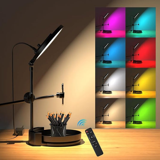 Desk Ring Light with Stand,55W Dimmable Full Screen Ring Light,with Rotating Storage Box,Pen Holder Stand,Phone Holder&Controller (Black-RGB, 10.5)