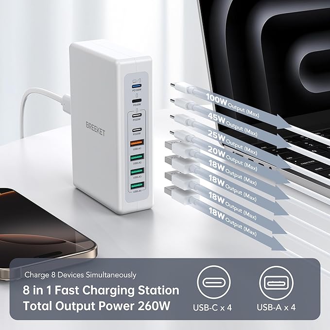 2025 Latest Charging Station, 260W USB C Charger Block, GaN III 8-Port Fast Type C Charging Hub, 100W Laptop Power Adapter for MacBook Pro/Air, Dell XPS, Steam Deck, iPad Pro, iPhone 16/15, Galaxy S25