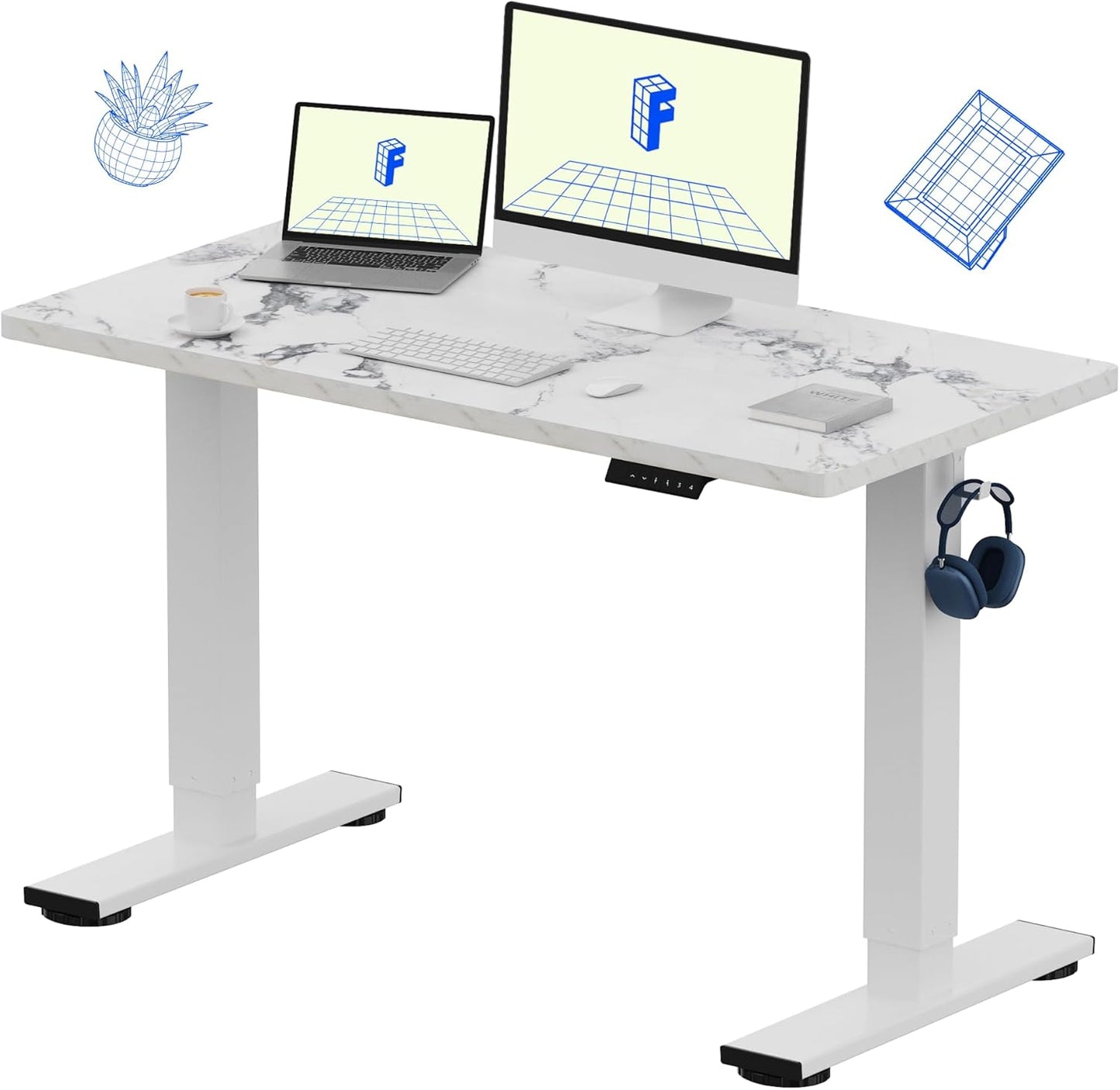 FLEXISPOT EN1 One-Piece Standing Desk 48 x 24 Inches Height Adjustable Electric Desk Sit Stand Desk Home Office Desks (White Frame + Marble Gray Top, 2 Packages)