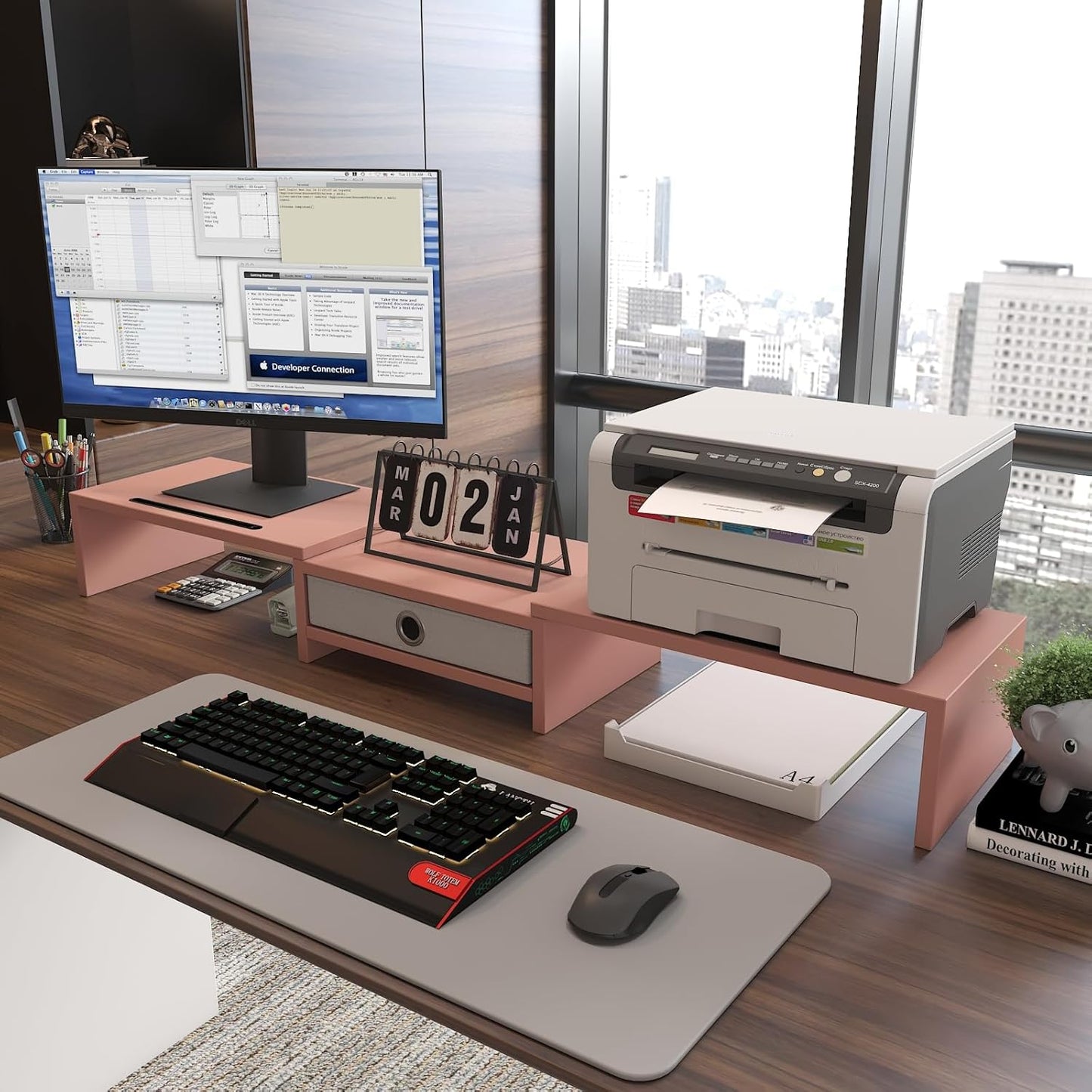 WESTREE Dual 3 Shelf Computer Riser with Drawer, Adjustable Length and Angle, Desktop 2 Monitor Stand Storage Organizer