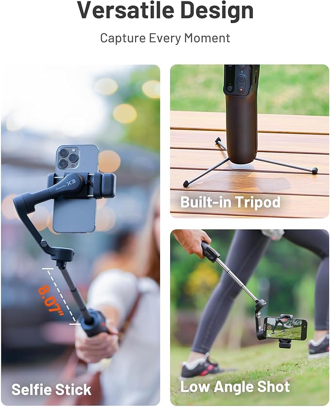 Hohem iSteady X3 Gimbal Stabilizer for iPhone, Phone Stabilizer for Video Recording with Object Tracking, 3-Axis Foldable Phone Gimbal with Remote Control for Tiktok, Built-in Extendable Rod & Tripod