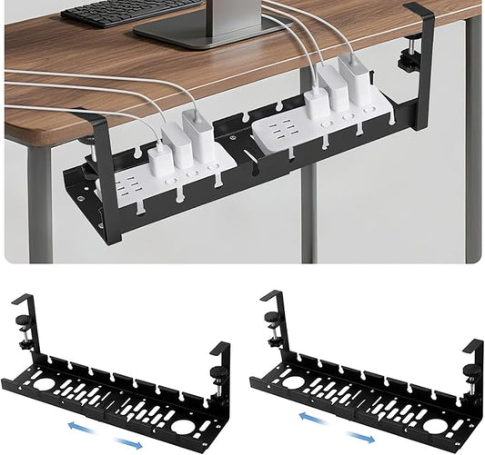 2 Pack Adjustable No Drilling Extendable Under Desk Cable Management Tray with Clamp Mount Heavy Duty Ventilated Design Under Desk Cable Management Tray for Office Home Desktop Wire Organization