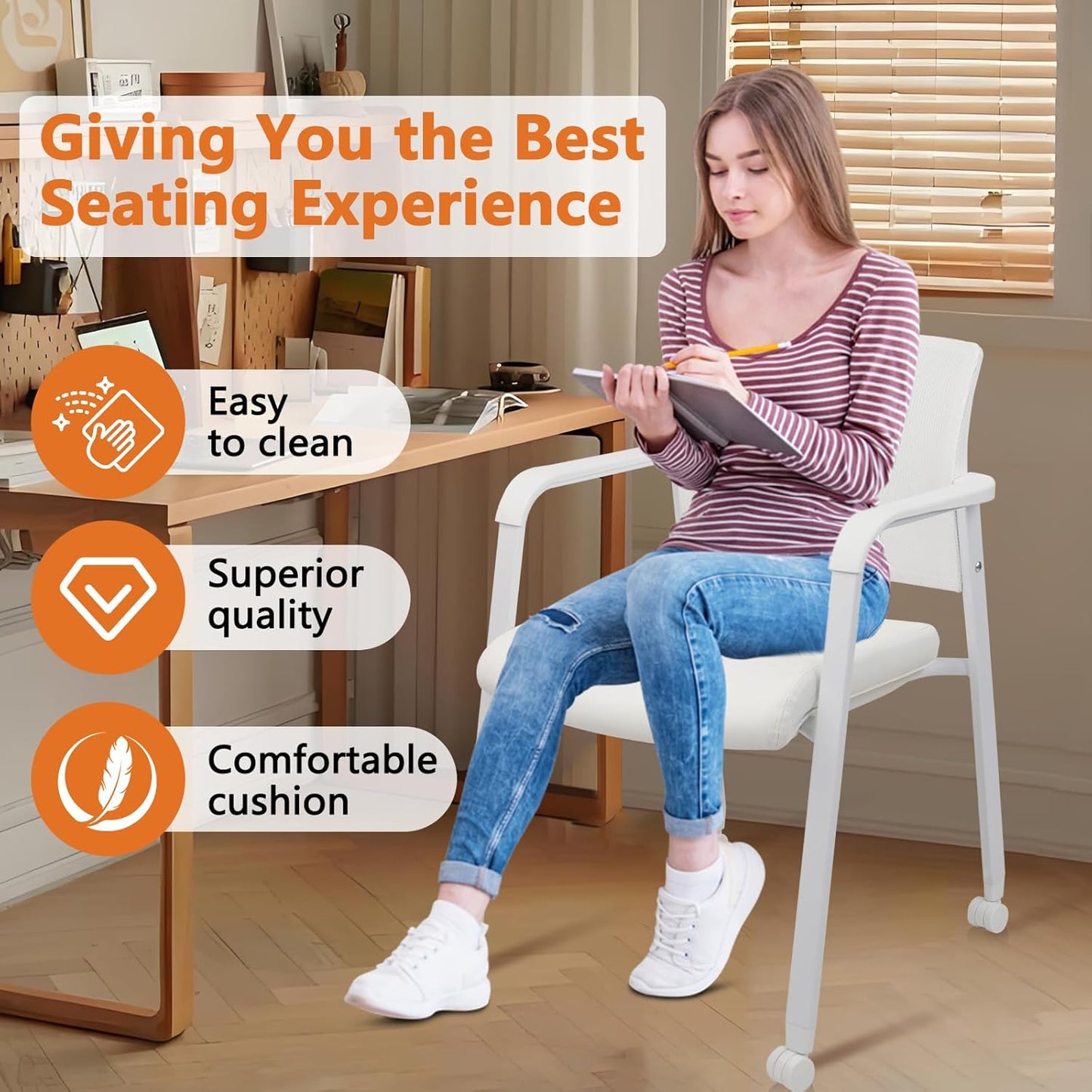 CLATINA Stacking Office Chairs with Wheels | Mesh Back, Thicken Leather Seat and Streamline Armrests, Ergonomic Lumber Support | School, Desk, Guest Reception, Waiting, Conference | Set of 4, White