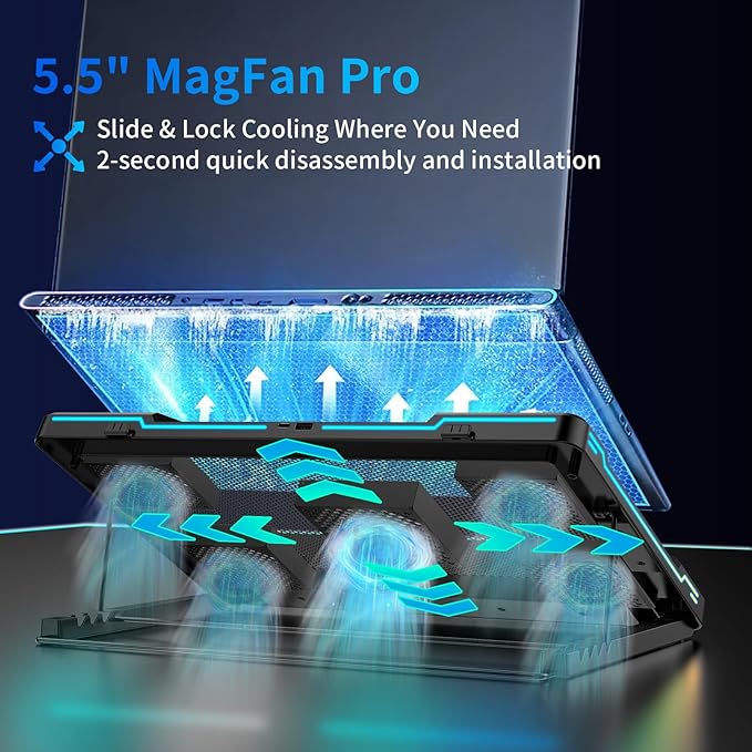 DEPGI Laptop Cooling Pad, Laptop Cooler Stand with 5.5" Movable Fan Easy to Clean, 10 RGB Light Modes, Auto Temp Sensor & 3-Speed Manual Control, Ultra Quiet ≤40dB for 14–17.3 Inch Laptops