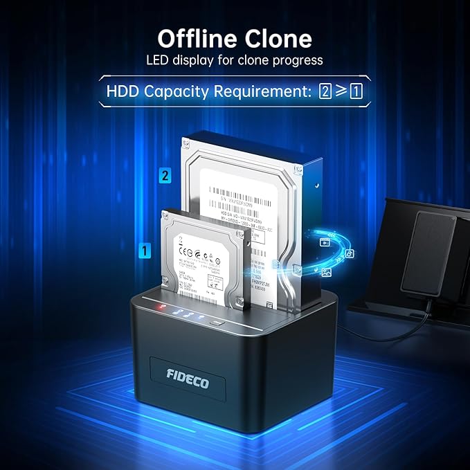 FIDECO External Hard Drive Docking Station, Hard Drive Dock for 2.5 and 3.5 inch SATA HDD SSD, HDD Docking Station with Dual Bay, USB 3.0 Hard Drive Reader, Support Offline Clone and UASP