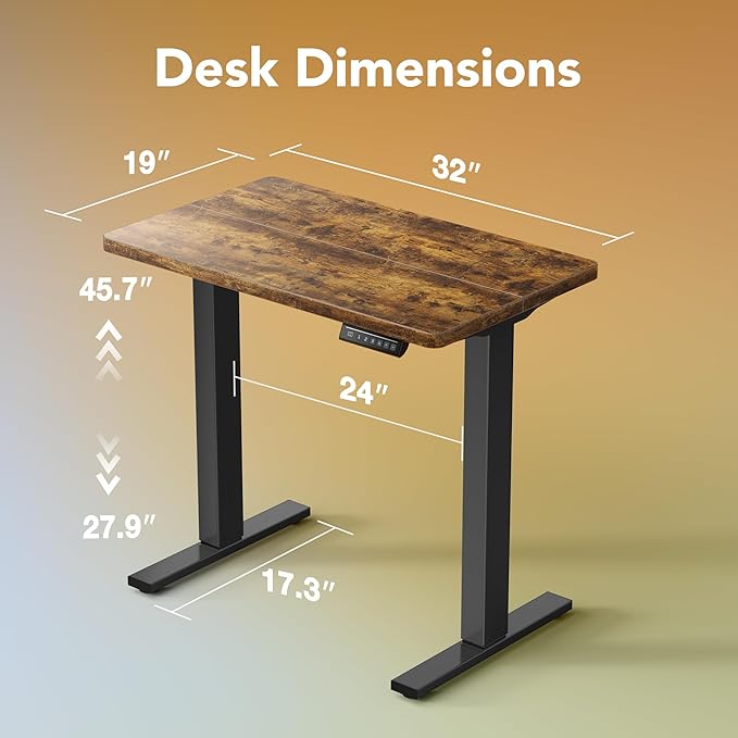 HUANUO 32" Small Electric Standing Desk Adjustable Height, 4 Memory Height Settings, Sit Stand Up Desk for Home Office & Computer Workstation, Vintage Brown