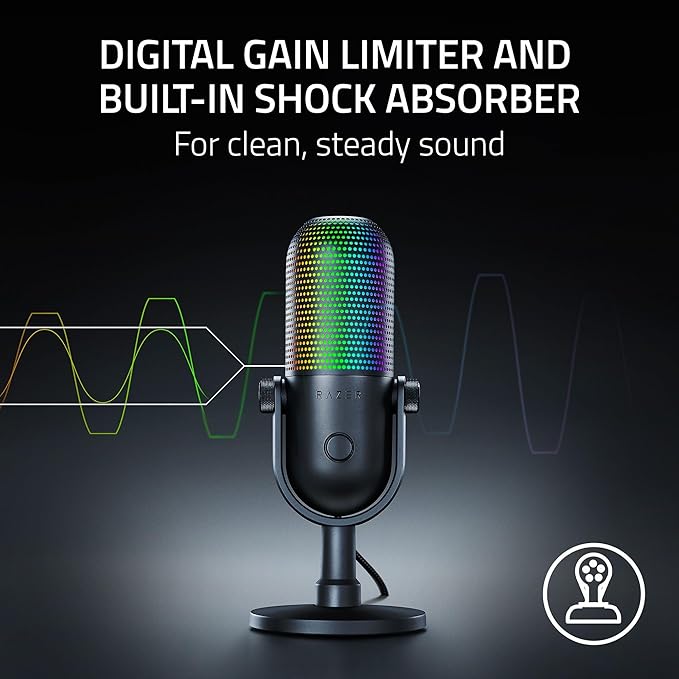 Razer Seiren V3 Chroma RGB USB Microphone: Stream & Game Reactive Lighting - Tap-to-Mute Sensor - Condenser Mic - Digital Gain Limiter & Shock Absorber - PC, Discord, OBS Studio, XSplit - Black