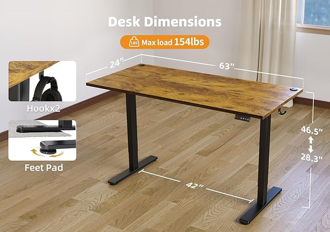 Seang Standing Desk with Adjustable Height, 63x24 Inch Electric Stand Up Desk for Home Office, Studio, Computer Workstation, Rustic Brown Top