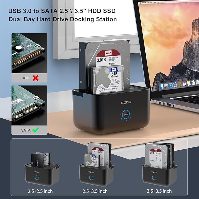 GODO Hard Drive Docking Station to USB 3.0 Type C,Dual Bay Hard Drive Dock for SATA 2.5/3.5 inch HDDs/SSDs with LED Indicator,Support Offline Clone/Duplicator 2 * 18TB Black