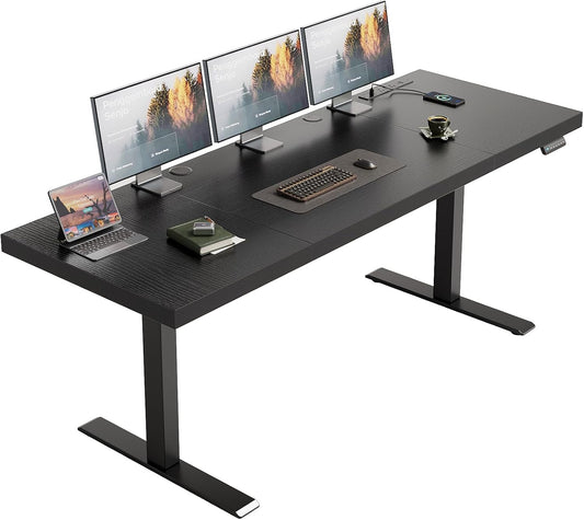 OffiGo Electric Standing Desk with 3-Piece Board, 71 Inch Height Adjustable Large Desk with Power Outlets, Sit Stand Table, Writing Computer Desk for Home, Office, Workstation, Black