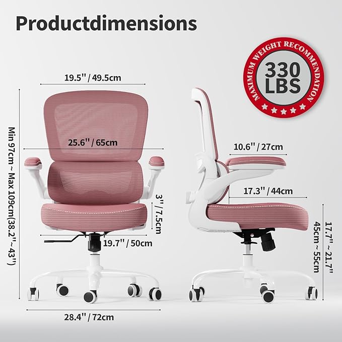 TRALT Ergonomic Office Chair - Desk Chair with Adjustable Lumbar Support Computer Chair - Mesh Comfy Chair with Flip-up Armrests - Gaming Chairs for Adults Home Office (Leather, Pink)
