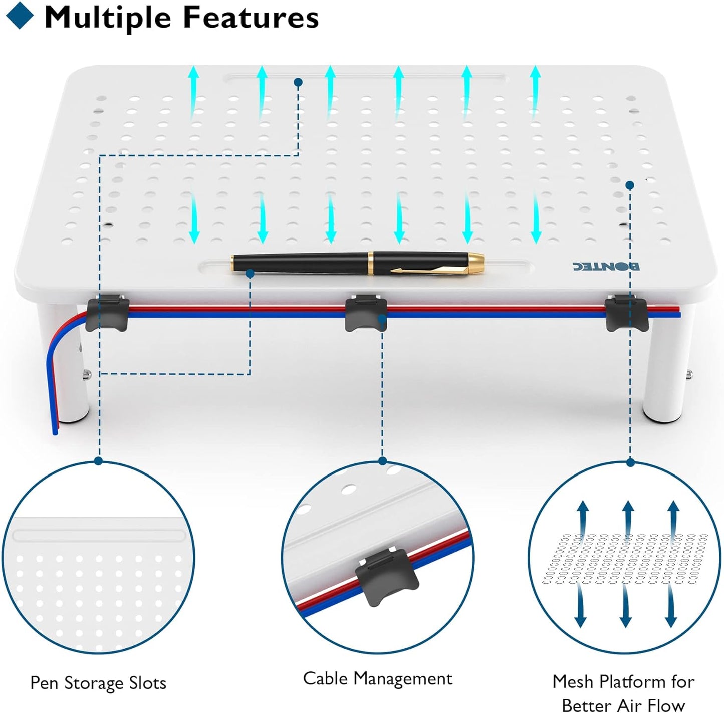 BONTEC 2 Pack 3 Height Adjustable Monitor Stand Riser with Pen Holder, Ergonomic Metal Laptop Stand with Cable Management, Desktop Stand for Computer, Printer, Monitor, Laptop, Black Steel, 14.5 in