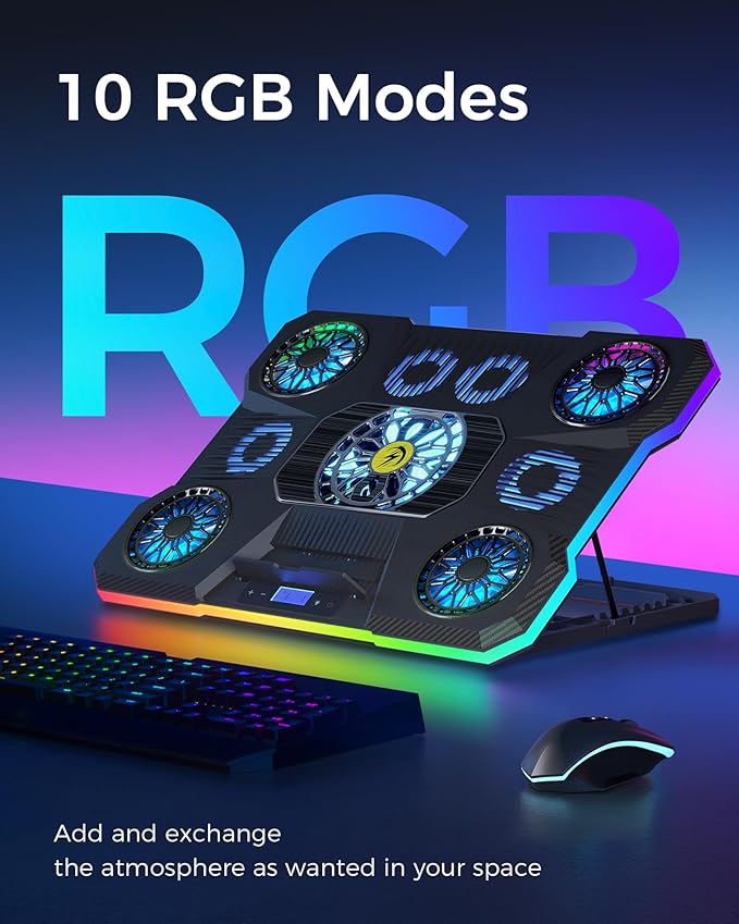 ChillCore Laptop Cooling Pad, RGB Lights Laptop Cooler 9 Fans for 15.6-19.3 Inch Laptops, Gaming Laptop Fan Cooling Pad with 8 Height Stands, 2 USB Ports - A21 Blue