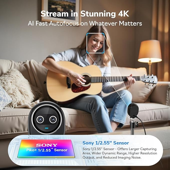 EMEET Piko+ Webcam 4K, World’s 1st Dual-Camera AI-Powered 4K Camera, 1/2.55'' Sony Sensor, 3 Mics&3 Sound Modes, Panda Magnetic Privacy Cover, USB C-C&C-A, Ideal for Livestreamers and Content Creators