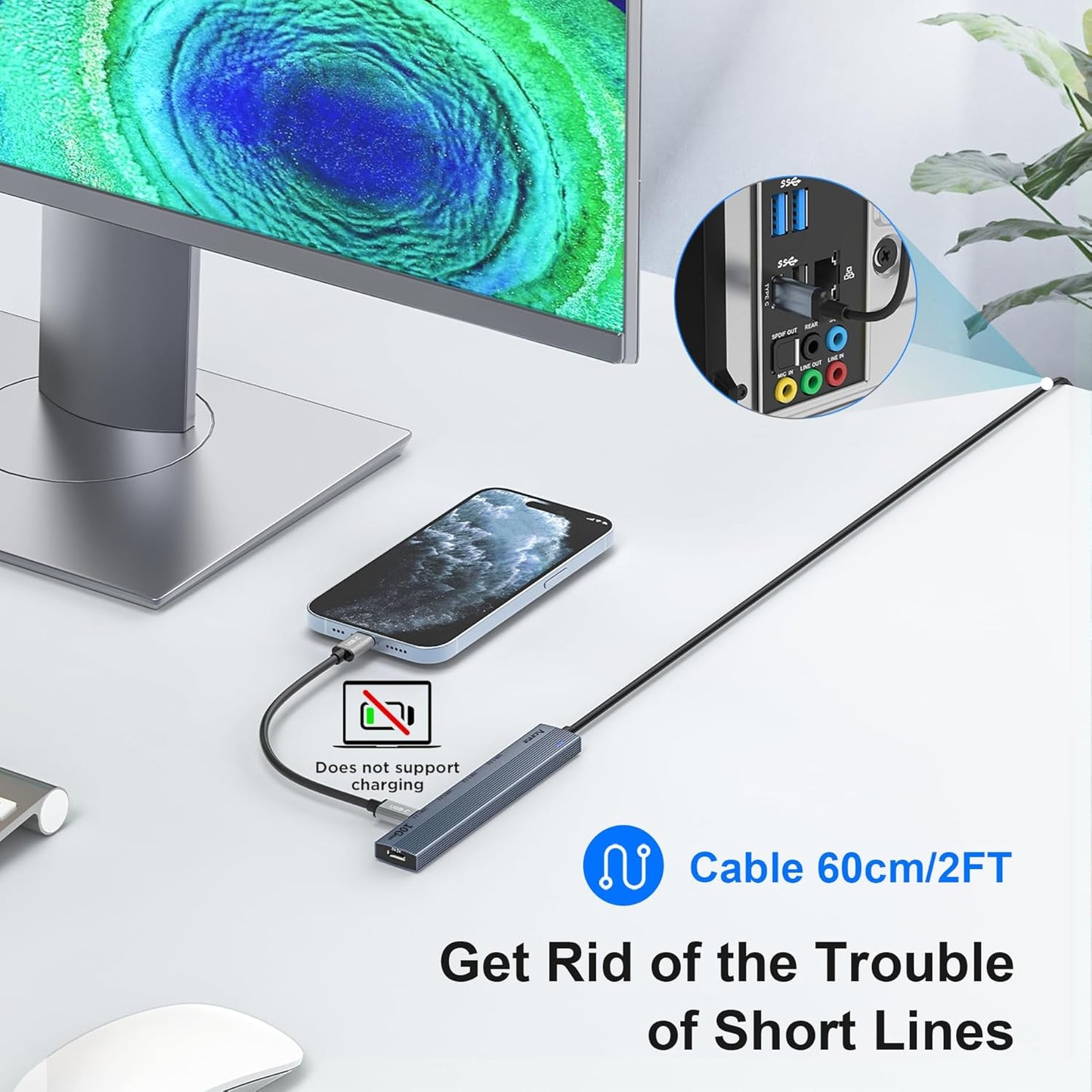 Aceele USB C Hub 10Gbps, 4 Port USB 3.2 Gen 2 Hub, USBC to USB-C Hub with Type-C Power Port, 2ft Extension Long Cable USBC Adapter Data Hub for MacBook Pro, MacBook, Samsung Chromebook, etc