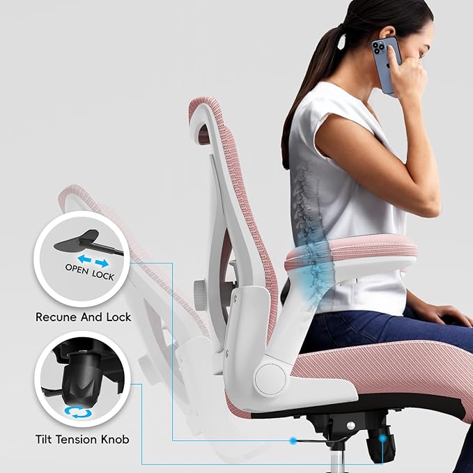 Ergonomic Office Chair-Computer PU Leather X-Shaped Desk Chair-Gaming Chair with Adjustable Flip-up Armrests Lumbar Support Mesh Executive Chair for Long Hours Office (Pink)