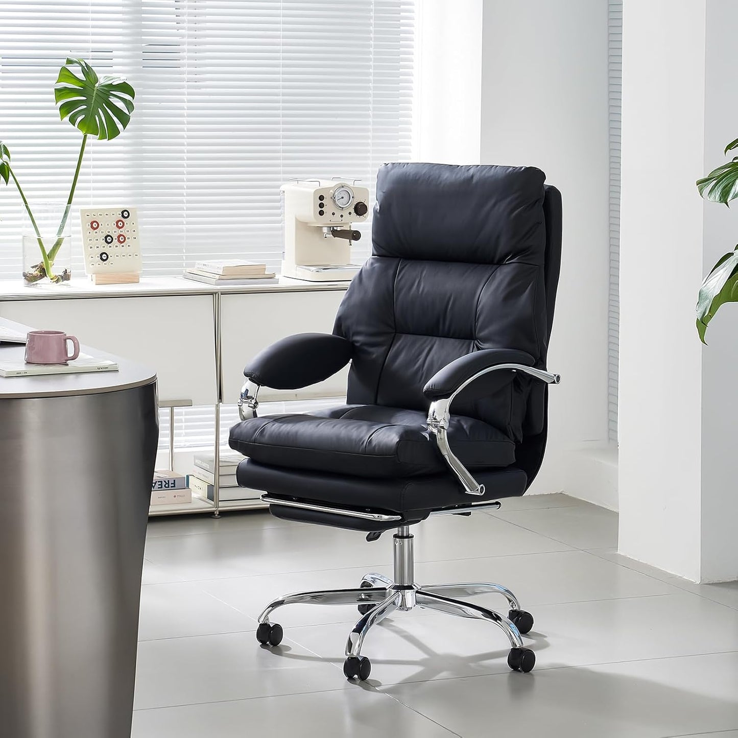 LEAGOO Reclining Office Chair with Foot Rest, Executive Office Chairs with Arms, Ergonomic High Back PU Leather Comfy Swivel Computer Desk Chairs with Wheels and Lumbar Support for Home Office, Black