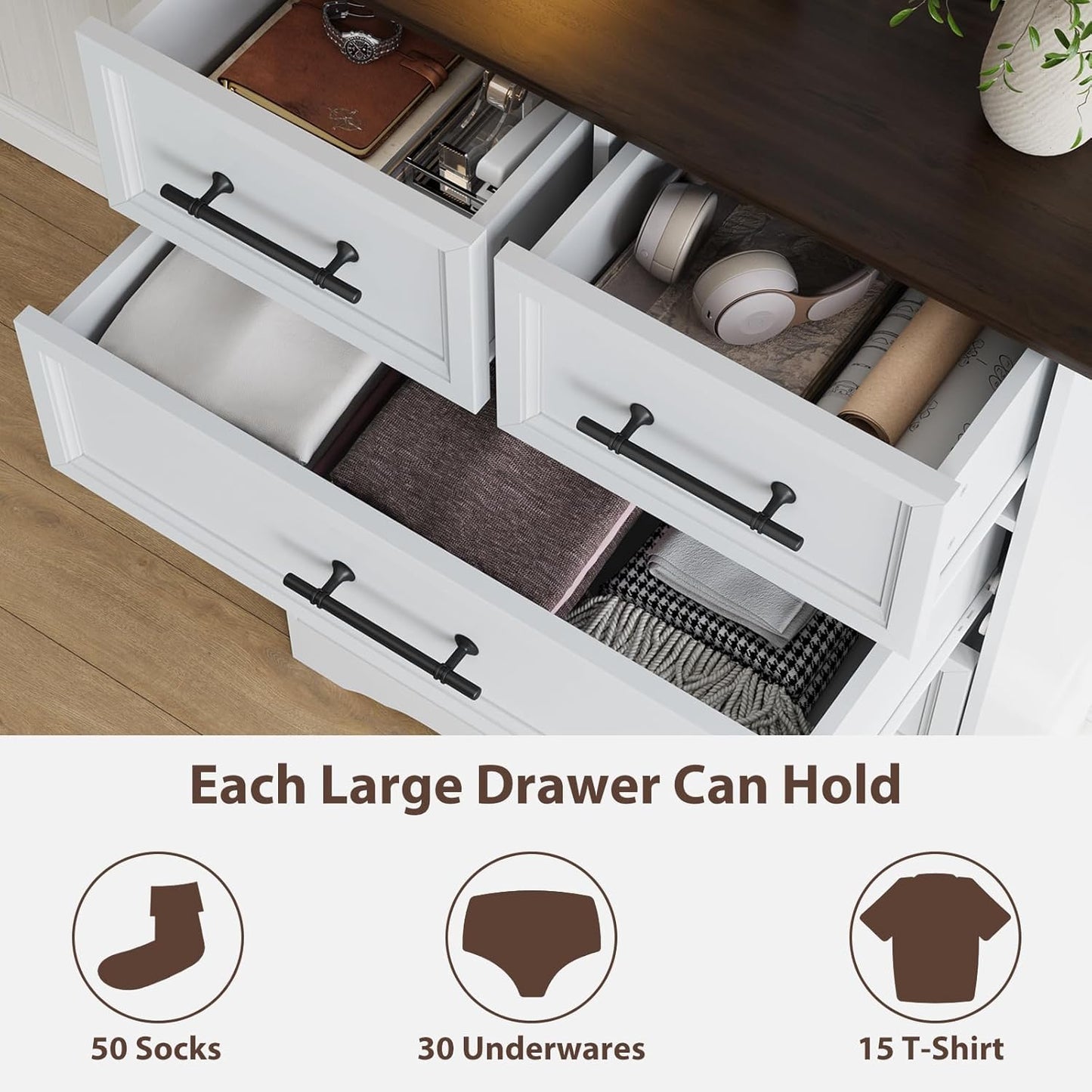 White Farmhouse Dresser for Bedroom, Modern 6 Chest of Drawers, 44" Tall Chest of Drawers w/Brushed Metal Handle, Wood Closet Organizers and Storage Cabinet for Bedroom, Living Room, Hallway