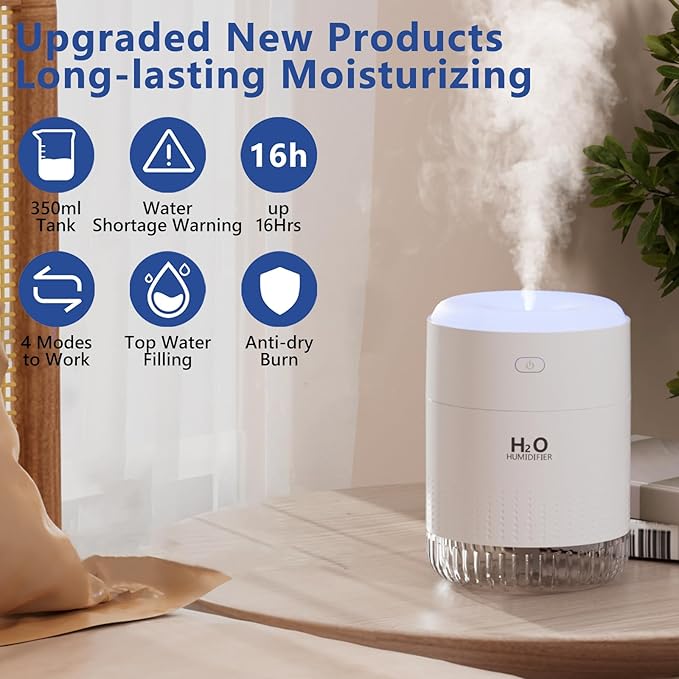 SZO Portable Small Humidifier, 2025 NEW USB Personal Desktop Humidifiers for Bedroom Travel Office Home, 2 Mist Modes Quiet, Auto Shut-Off(500ml, White)