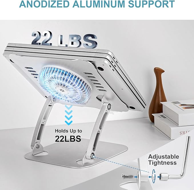 SHUWEI 360° Rotating Laptop Cooling Stand with 3 Speed Fan, Adjustable Height Laptop Stand for Desk, Ergonimic Aluminum Laptop Cooling Pad for 10-15'' Notebook - Bule-Gray