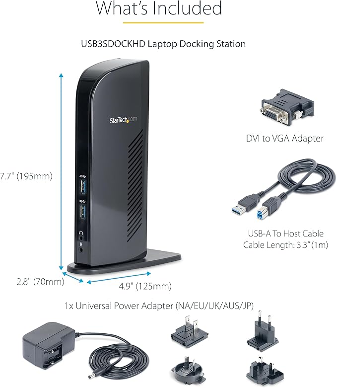 StarTech.com USB 3.0 Dual Monitor Docking Station with HDMI & DVI/VGA, 6x USB-A Ports, Ethernet, Audio & USB Type-A Hub, Universal Laptop Dock - Windows/macOS/ChromeOS, TAA (USB3SDOCKHD)