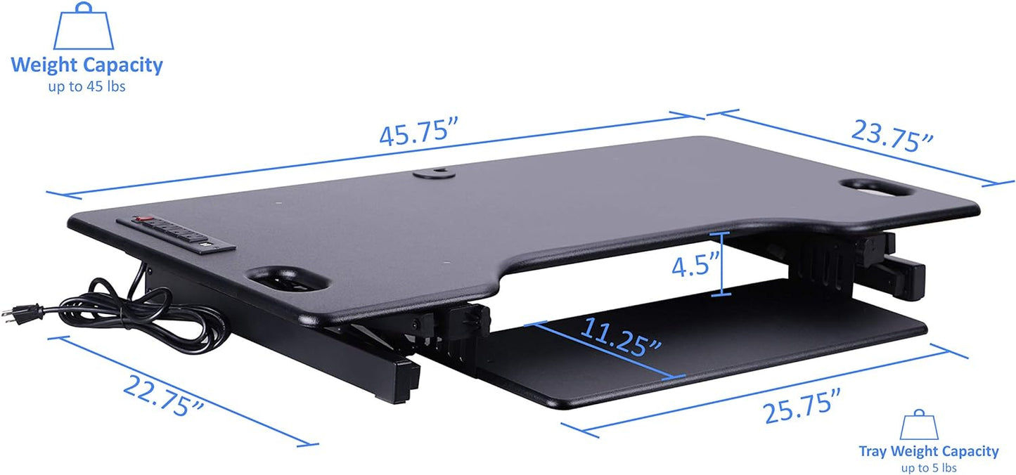 Rocelco 46" Height Adjustable Standing Desk Converter - Desktop AC USB Charger - Sit Stand Up Triple Monitor Riser - Tall Computer Workstation - Retractable Keyboard Tray - Black (R DADRB-46-ACUSB)