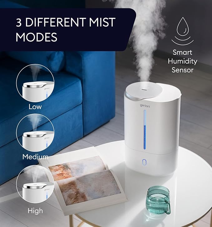 Top Fill Humidifier with Essential Oil Diffuser 6L for Home, Baby, Bedroom, Large Room & Indoor Plants, Cool Mist Ultrasonic Quiet Air Humidifiers, Automatic Humidity Control, Night Light (6L, White)