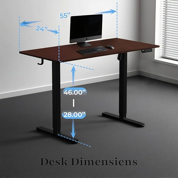 NSY Audio Electric Standing Desk 55x24 Inches - Height Adjustable, Whisper Quiet Motor, Walnut Top & Black Frame for Home Office Gaming, Focused Work, Black