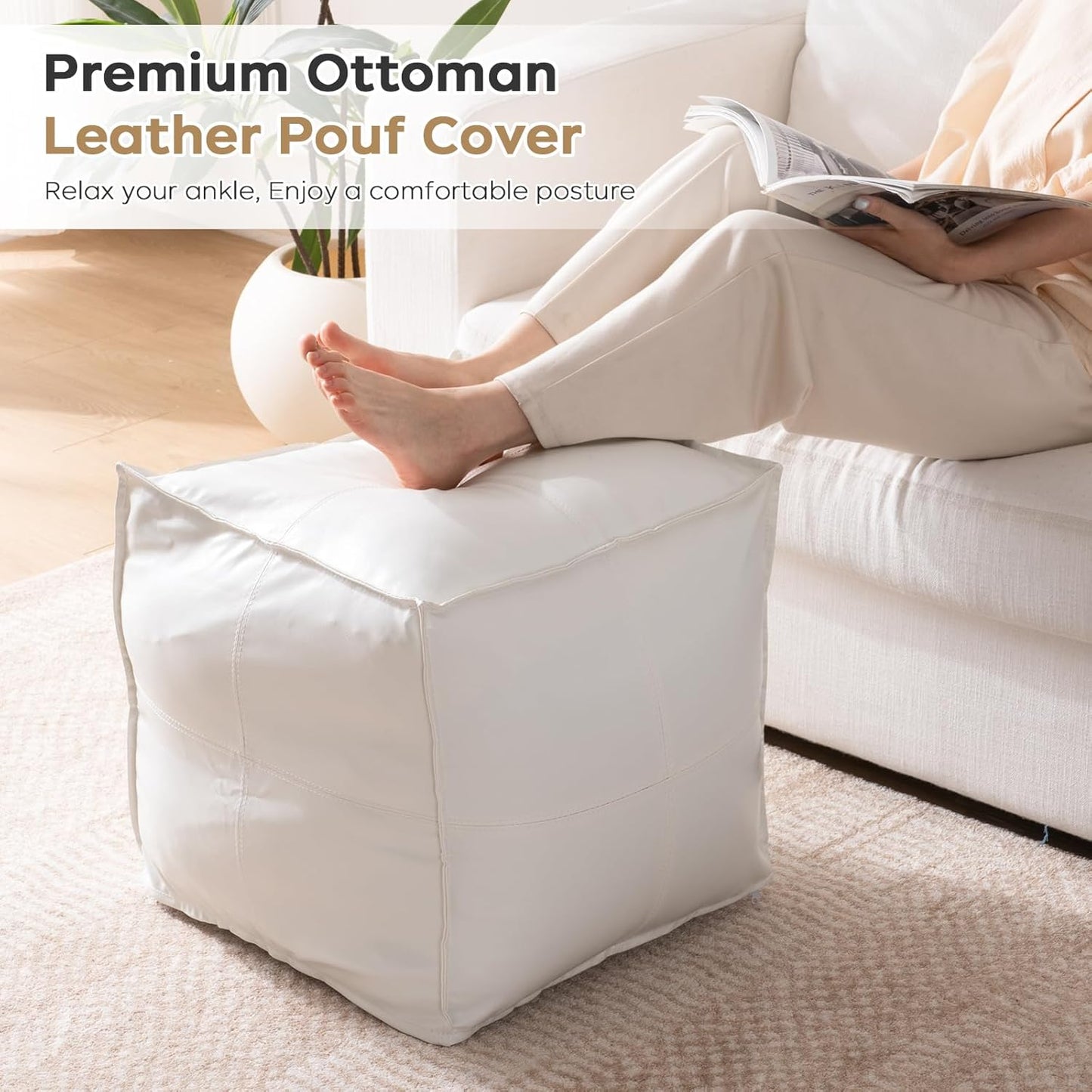 Unstuffed Pouf Ottoman Cover, 17.7x17.7 inch Faux Leather Moroccan Poofy Ottomans Cover, footrest Square White Footstool with Storage Waterproof Easy Cleaning for Living Room (Only Cover No Filler)