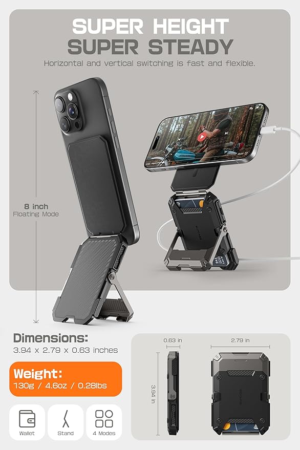 SUPCASE for MagSafe Wallet with Stand, Magnetic Wallet for Men, [Hold 5 Cards] [Adjustable Stand] [RFID Blocking] Phone Credit Card Holder Tripod for iPhone 16/15/14/13/12 Series, Black