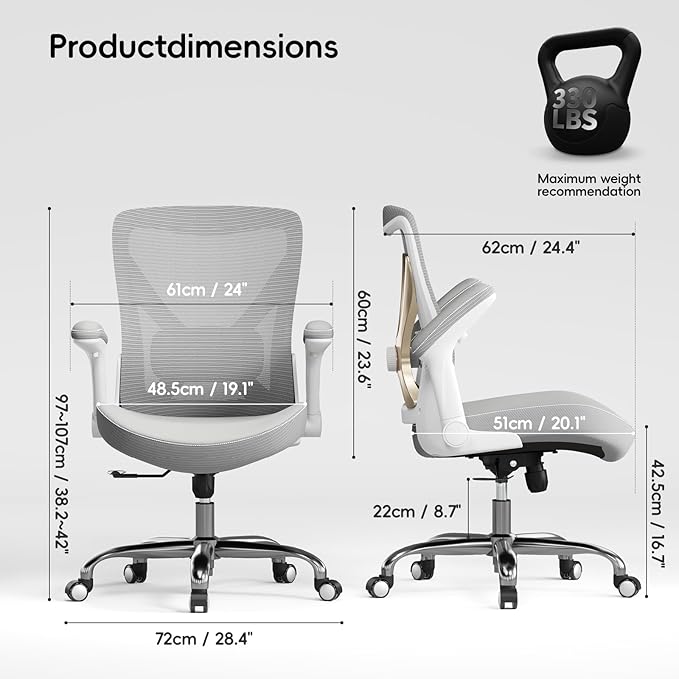 Ergonomic Office Chair-Computer PU Leather X-Shaped Desk Chair-Gaming Chair with Adjustable Flip-up Armrests Lumbar Support Mesh Executive Chair for Long Hours Office (Grey)