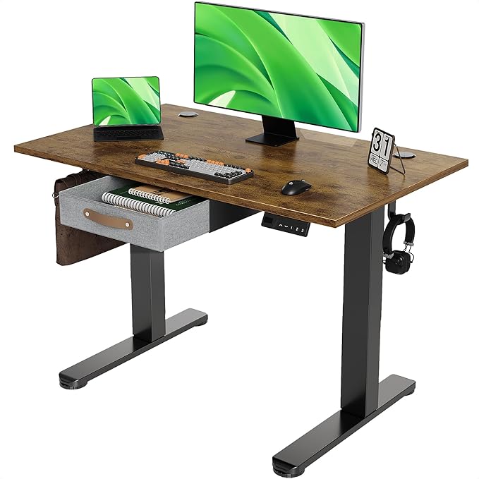 Seang Standing Desk with Drawer, 40" x 24" Height Adjustable Stand Up Desk, 3 Memory Height Settings with Cable Grommets & Storage Hooks, Ideal for Home & Office, Rustic Brown