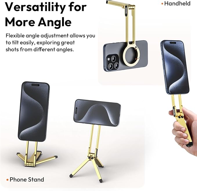 ULANZI MA30 Magnetic Phone Tripod Stand for iPhone - Aluminium Maglock Smartphone Mini Tripod Pocket Cell Phone Stand Strong Magnet Quick Mount Compatible with iPhone 16 15 14 13 12 Series, Gold