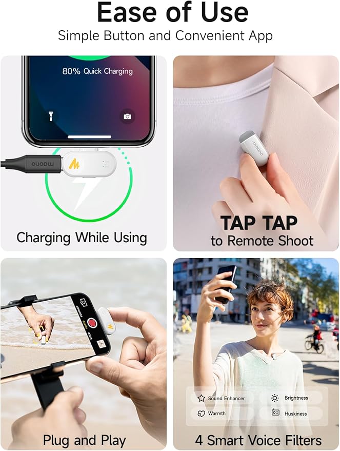 MAONO Wave T1 Mini Wireless Lavalier Microphone for iPhone 16 15 Android Tablet with USB-C Plug, Noise Cancellation, AI Voice Filter, 30H Used with Charging Case for Video Recording TikTok-White