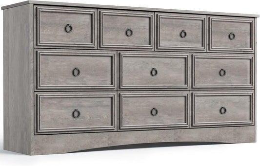 LGHM Modern Large 10 Drawer Dresser, Long Dressers for Bedroom, Chest of Drawers Closet Organizers and Storage Clothes - Textured Borders, 6" Deep Drawer for Living Room, Hallway, Gray